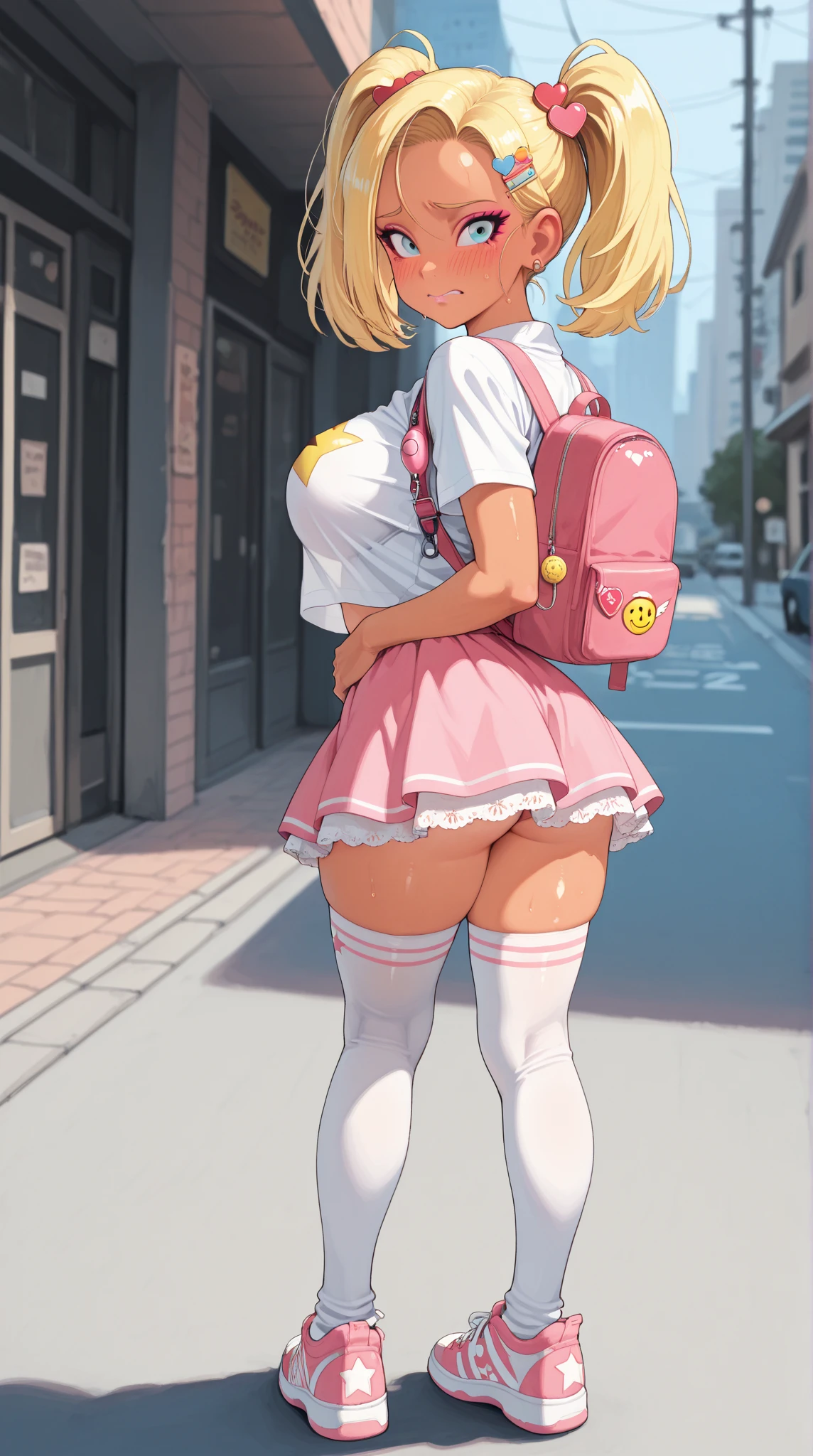 (nsfw),masterpiece,ultra detailed,sharp focus,4k digital art,high resolution,(back shot,from behind),(aroused and blushed:1.7),tareme,(gyaru,gal,adult beautiful face,curvy adult body:1.3),(upskirt:1.4),(school cardigan:1.3),dress shirt,black socks,(navy and pleated skirt:1.2),bow tie,(blonde hair,side ponytail),(dark skin),outdoor,public park,(sweaty:1.2),grinning,(trembling,flying heart-shapes),(crawling on ground and spreading legs),(sexy and laced red tanga:1.3),loafers,crowd in background,gigantic ass,drooling,heart pupils