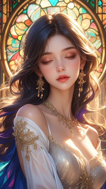 lamplight, Close-up cleavage, beautiful woman, gold eyes, (Detailed eyes, The eyes are bright:1.2), Long black hair, pale-skinned, earrings, medium skin, dark blue dress, Meticulous clothes, golden accessories on clothes, dark blue flowers (perfect anatomia:1.2), Highqualityshadow, natural  lightting, (White highlights:1.2),overcast day, (starrysky:1.2), (shining)
