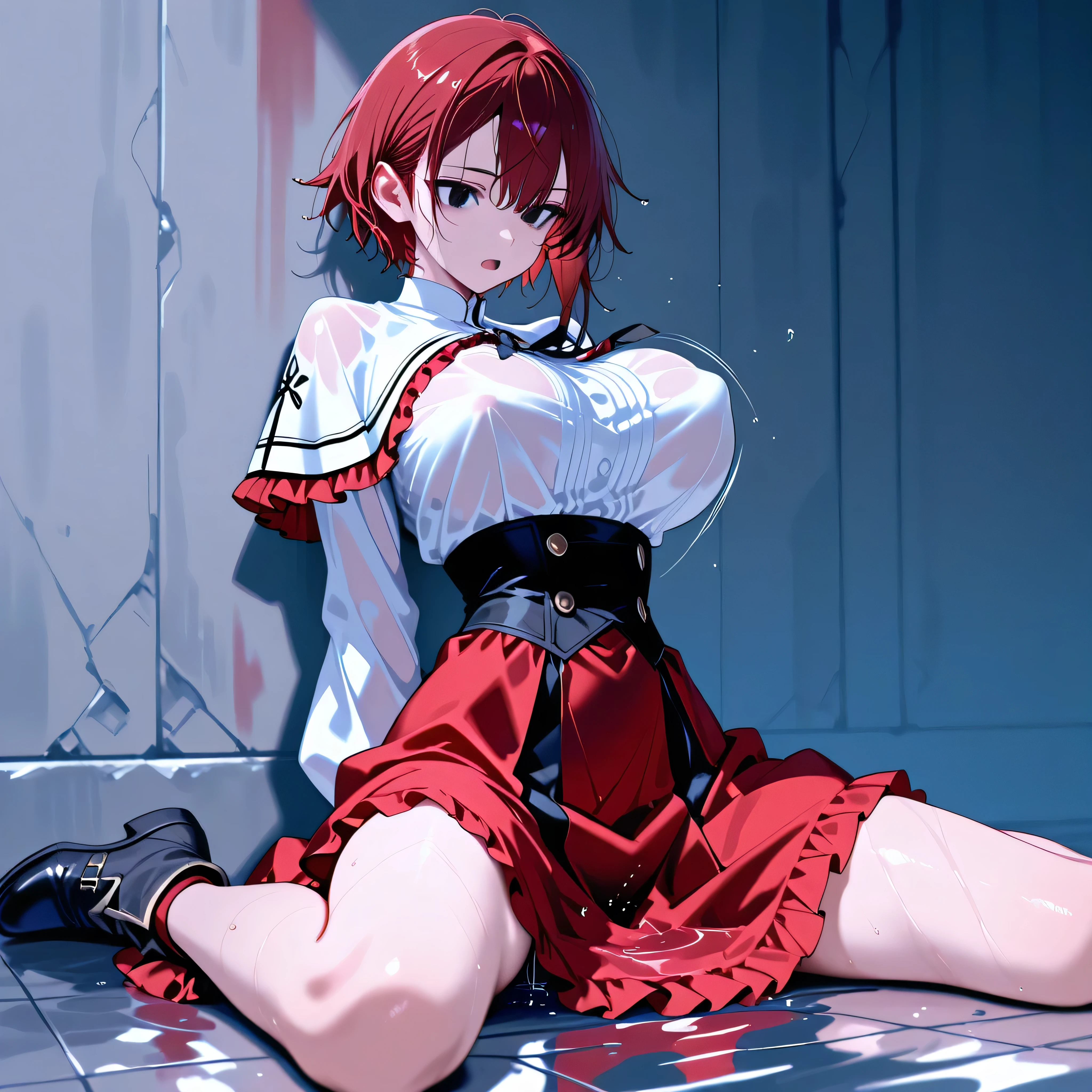 red hair, flat chest, young, nude, chained up, bruises, injuries, blood, scars, sexual content