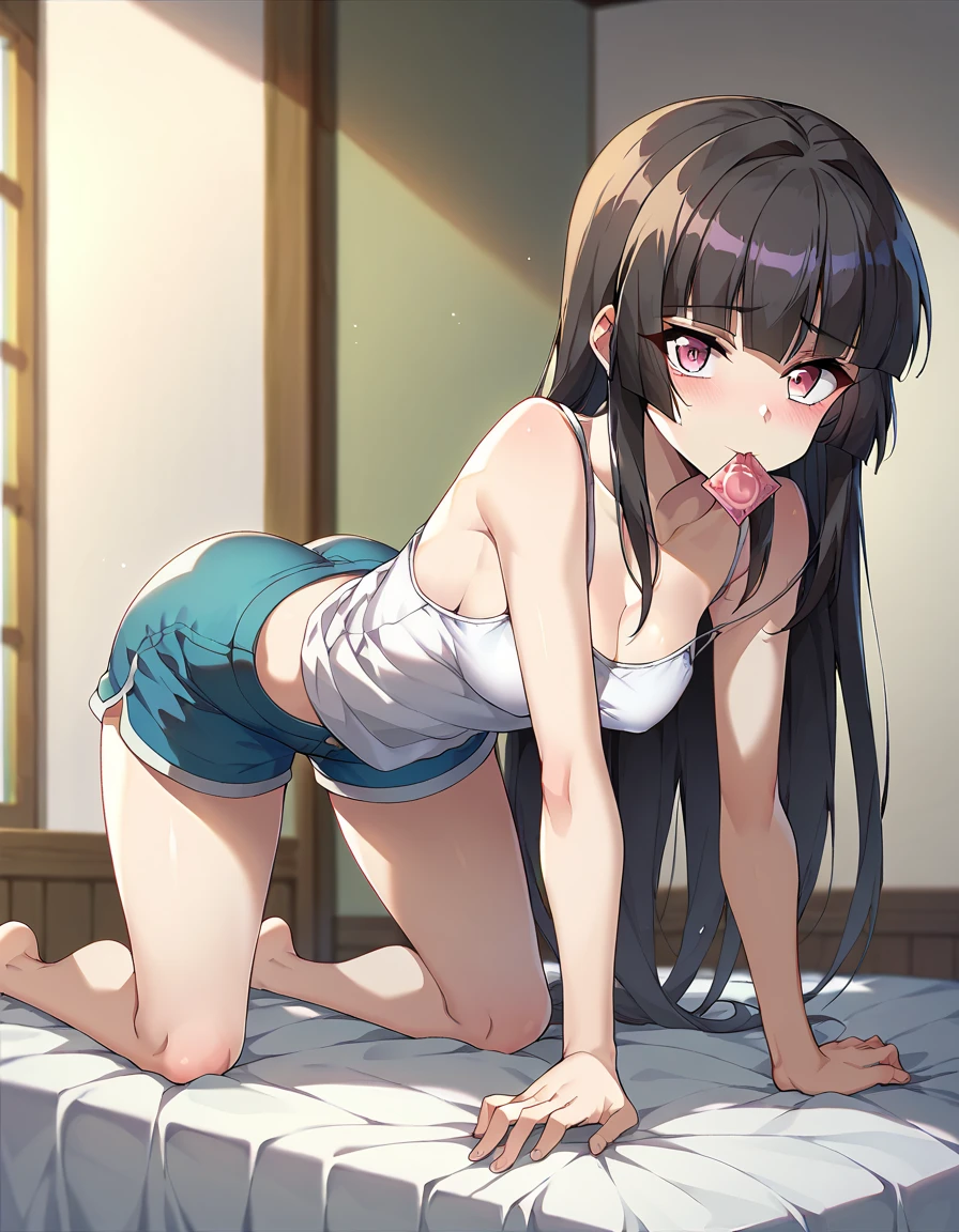 a 21 y.o. brunette woman nude with high heels shoes, in the kitchen, the large two-door refrigerator is open with a lot of food in it, lying on the floor, playing with food, squirting, screaming so loud, wide open mouth full of saliva, rising her arms up, food stained in her body, it's a mess, spreading her legs so wide, she is touching her own body, photo taken from below