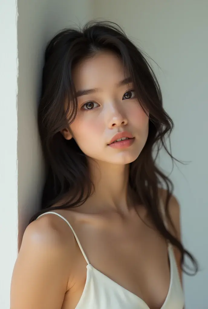 best quality，masterpiece，ultra high resolution，（realism：1.4），original photo，1 girl，take off shoulders，long hair，huge ，face highlight，pure，Full of girlishness，18 years old，spaghetti straps，Black suspenders，Deep V，18 years old微笑女同学，pure，Innocent，（best quality，8K，masterpiece:1.3），Oval face，big eyes，long eyelashes，beautifully（Realistic style），star eyes，ultimate face，Real light and shadow，clear facial features, Fair and silky skin，White skin， High detail skin， Realistic skin details， Visible pores，（Super detailed），（Perfect body：1.1），（dynamic poses），((dynamic background((Volumetric light：1.3))，Room，ground