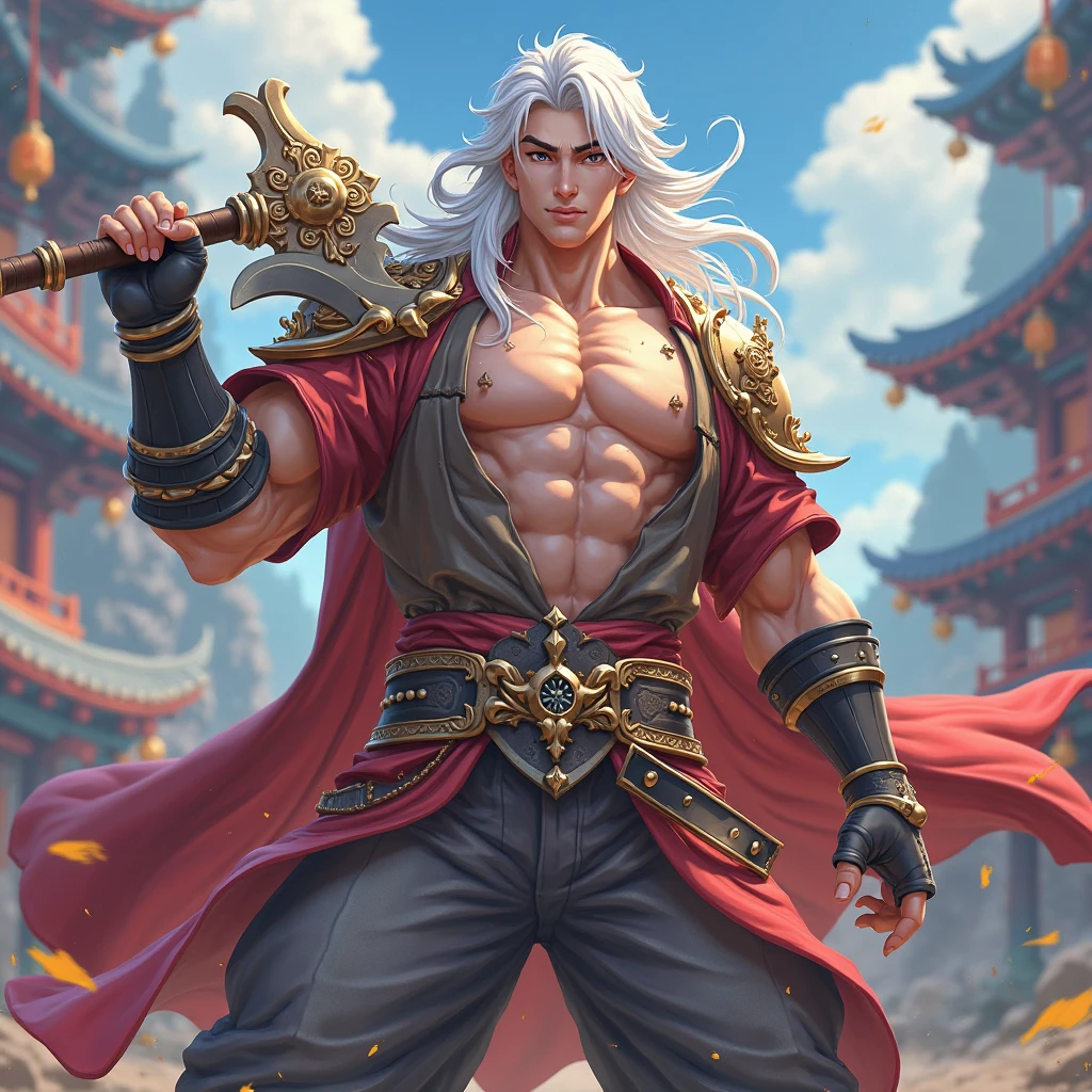 Male, white hair, red eyes, muscular, wearing lingerie