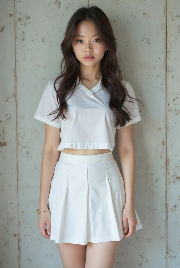A beautiful Taiwanese girl with long hair wearing a thin white shirt that reveals her figure, while wearing a short pleated skirt, leaning against a pillar on the balcony.