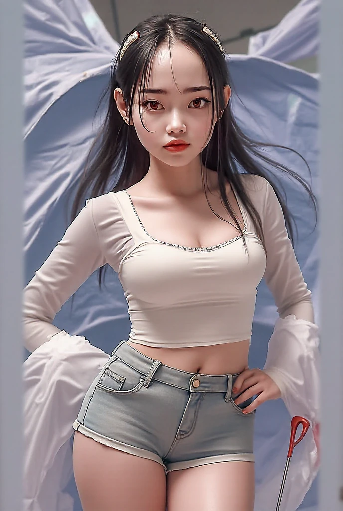 (high quality,masterpiece,4K,8K),cute young girl,long hair,Upper body naked、pants
