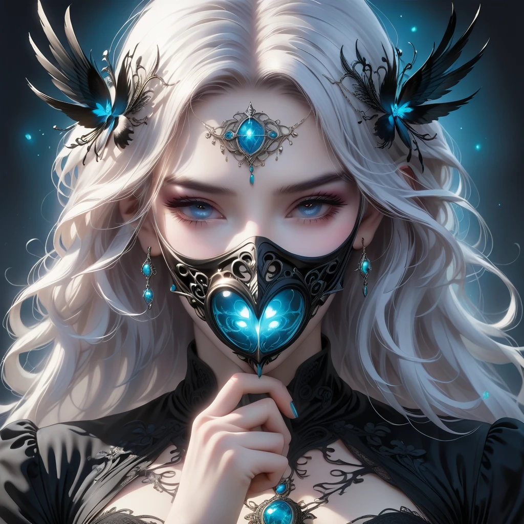 illustration, woman, blue lipstick on lips, cinematic lighti, highest quality, ultra detailed realism, detailed face, detailed eyes, best quality, hyper detailed, Works Prima, Masterpiece, Top Quality, Best, Official Art, Beautiful and Aesthetic, Long Exposure: 1 leggy and thin woman, broad and delicate shoulders, medium breasts, Charming Patterns, Icy witch woman, White , eyes covered by a veil made of ice, Her body is covered with pieces of ice detailed in a beautiful black dress, witch, winter, ice throne, witchcraft, Tone of Magic in Blue, strong glow in neon blue, queen, majesty, in the background a blizzard covering the environment. Front portrait, full body.