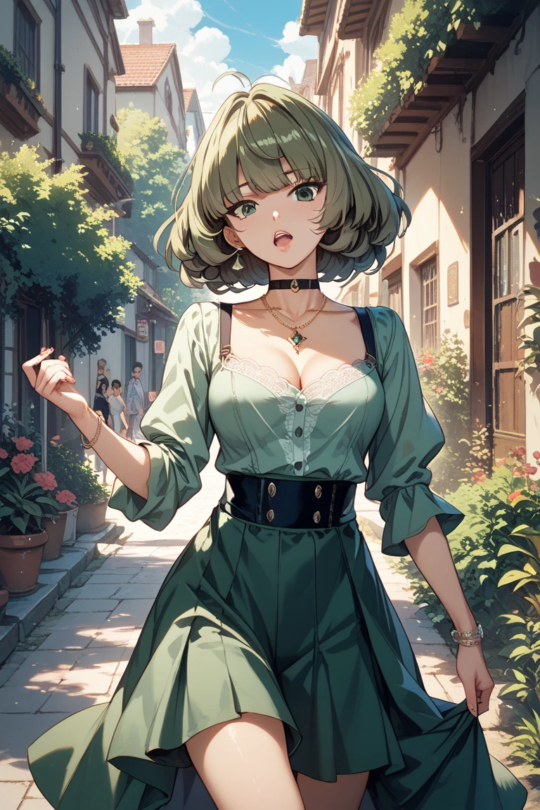 old dress, used wear clothing, dark green clothing, young adult, 19 years, short hair, blond hair with pink strands, thin hair, pink eyes, beautiful eyes, flat chest, smile,Brown Leather Bag, masterpiece, old village background, dirt street background