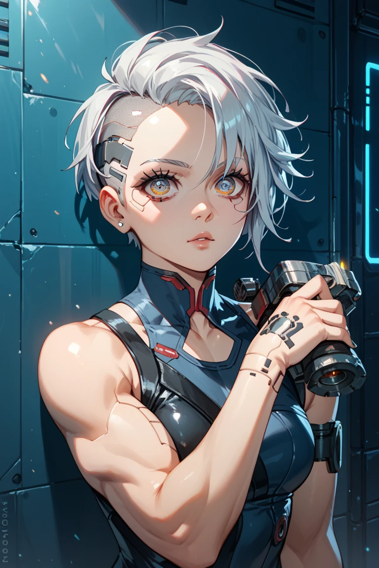 solo, female, sfw, medium shot, platinum blonde, scar on face, scar on arm, black tanktop, light blue eyes, short hair, spiky hair, fit, pilot, spaceship cabin, arms above head, tomboy, mischievous smile, tall, large woman, muscular:0.7