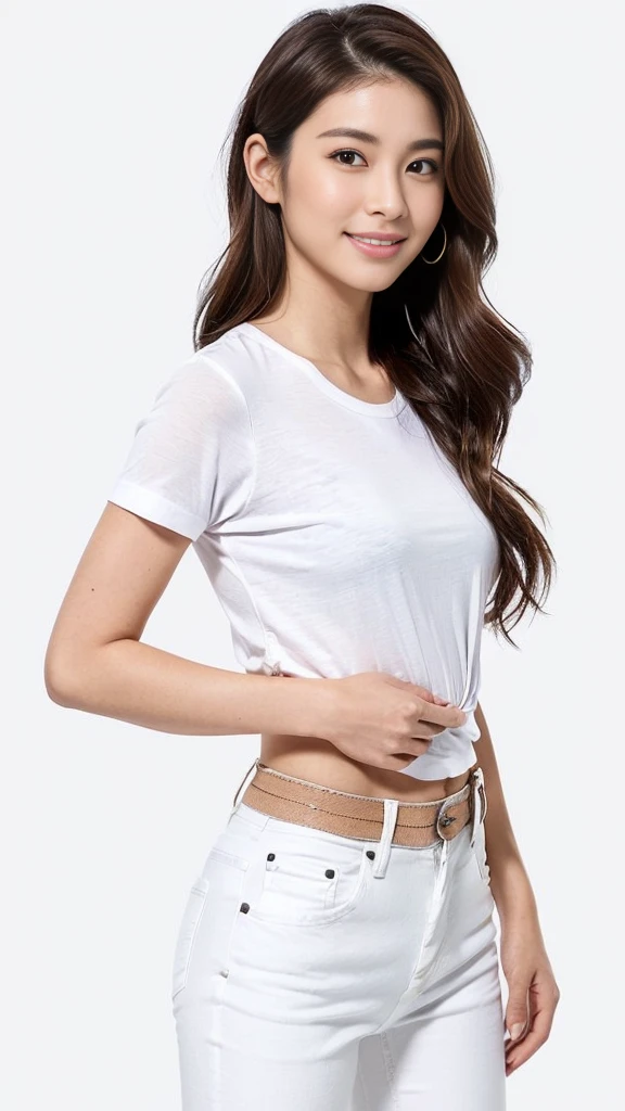 um close de uma mulher de camisa branca e jeans, wearing camisa apertada, camisa apertada, vestindo roupas simples e justas, vestido com uma camiseta branca, camiseta branca, plain camiseta branca, Topo branco, dressed in a camiseta branca, vestindo uma camiseta, terno branco liso e justo, camiseta branca, camiseta branca