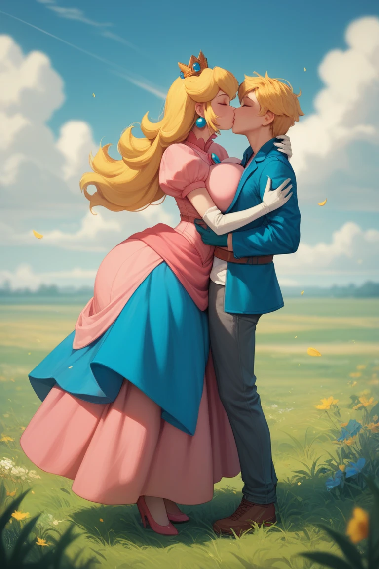 score_9,score_8_up,score_7_up,source_cartoon,source_anime,1girl,intricate,outdoors,castle,highly detailed,soft lighting,soft particles,glowing,medium breasts,curvy,digital art,realistic,princess peach,pink dress, hug, shota, woman and shota, smile,