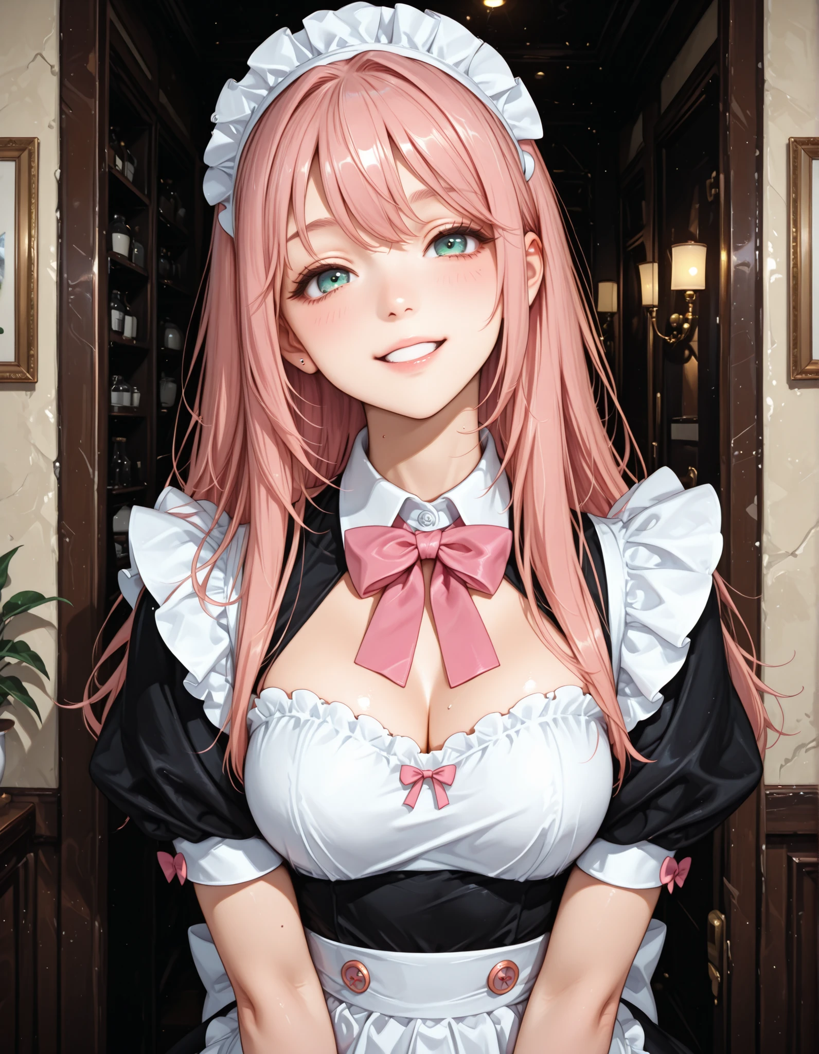 Gobo lighting, maid costume, Pink hair, PINK BOW TIE,looking at this,Tilt your neck slightly and smile