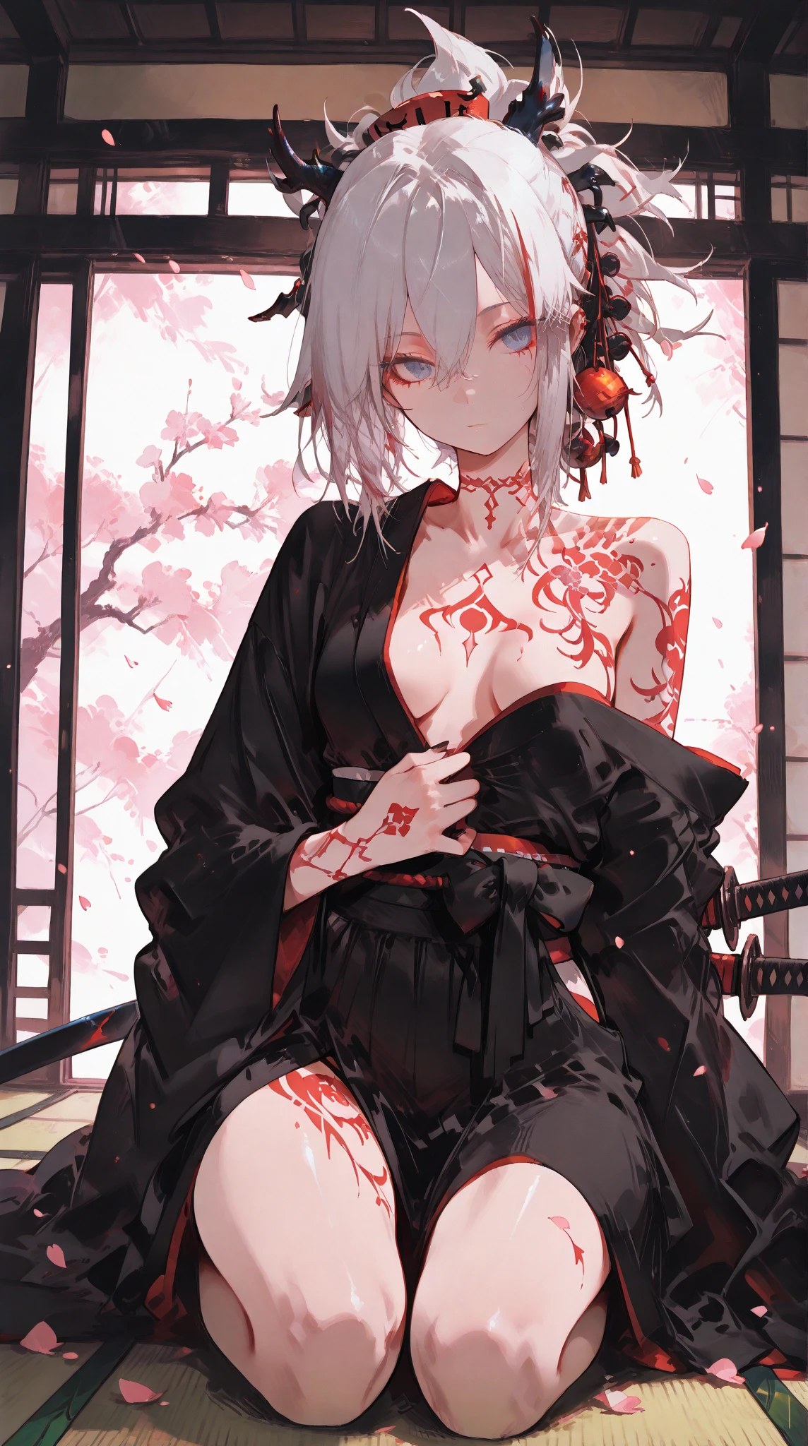 1girl, white hair, red eyes, looking back, from behind, Japanese clothes, showing back, exposed back, tattoo, tattoo on back, intricate tattoo, traditional style tattoo, cold expression, looking badass, majestic, (RAW photo, best quality), (Masterpiece), 8k, best quality, ultra-detailed, lighting, cinematic lighting,  <lora:more_details:0.7>