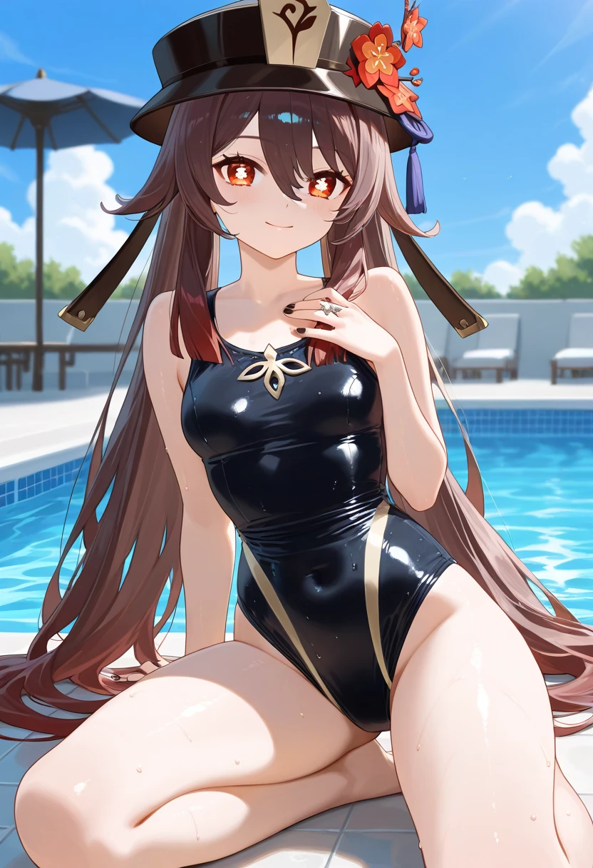 Tabletop, Highest quality, figure, Very detailed, In detail, High resolution, 8k wallpaper, Perfect dynamic composition, Beautiful attention to detail, Realistic, Realistic, Highest quality, Very detailed, Detailed light,1 girl, You can take off your shirt, Medium Hair, Large Breasts,Beautiful red competition swimsuit,Sailor suit,Wet shirt,Wet body,Change clothes,Beautiful and exquisite body, Detailed eyes, (By the pool:1.3),