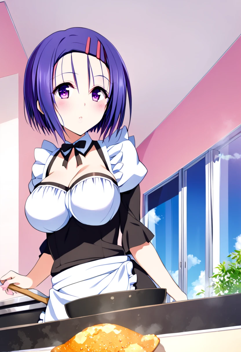 1 girl , short purple hair, cute eyes, wearing long maid uniform , black and white full maid uniform, smiling , normal size chest , high res, ultrasharp, 8K, masterpiece, looking at viewer