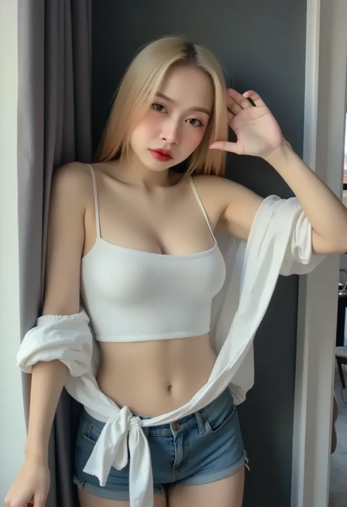 Thai student, beautiful girl, white hair, huge breasts,wear a bare-chested shirt ,wear panties, wearing shorts stockings, sexy post, shower.