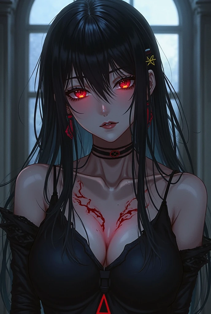 (High quality, High resolution, Fine details), Realistic, Vampiress, night scene, moonlight, (dark shadows), gloomy atmosphere, mysterious aura, (silhouette), cobwebs, (blood-red dress), (vivid red lips), (pale white skin), (sharp fangs), witch-like beauty, ominous background, horror, gothic style, dramatic lighting, solo, curvy women, (Glowing eyes:1.5), (Detailed eyes), smile, blush, Sweat, Oily skin, shallow depth of field