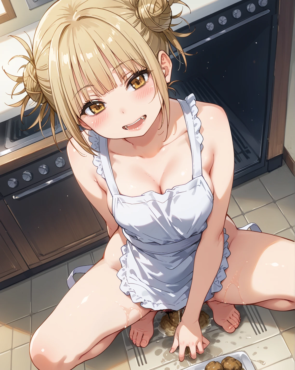 (anime style),masterpiece, best quality, extremely detailed,10Year old,tanned skin,dark skin, Beautiful body,small breasts,BREAK,multicolored colorful blonde hair,short hair,hair slicked back,BREAK,black eyes,wedding ring,shy smile,open mouth,half closed eye,detailed lips,open legs,BREAK,cotton black big ribbon,BREAK,yellow a sweater with vertical stripes,kitchen apron,striped_bikini,off shoulder,navel,break,head tilt,in the kitchen,splash a fruit juice,put one knee on the chair,2girl sisters