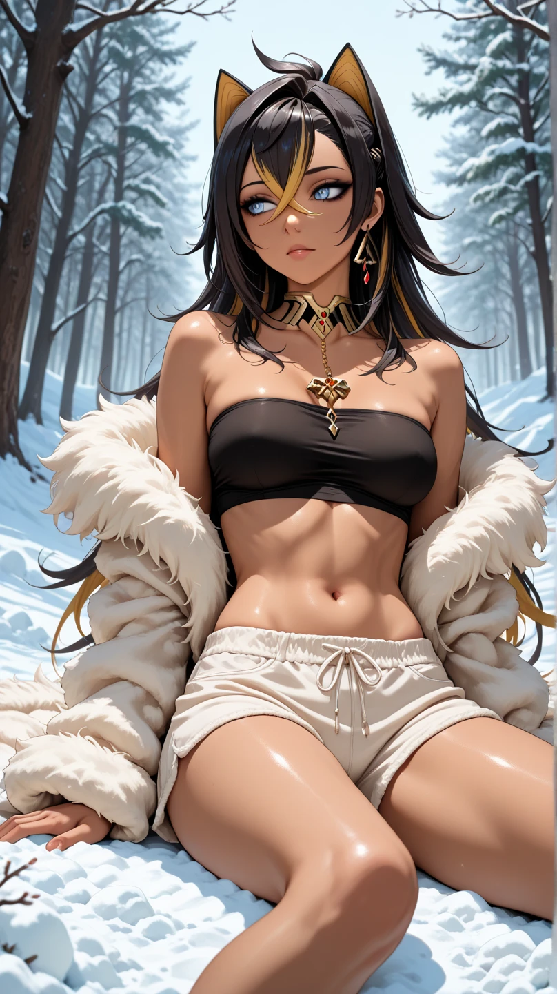 woman,1female,((milf,mom,mature,mature woman,4 female,adult)),((((indian girl)))),
(large breasts:1.5),saggy breasts,(((black hair:1.4,dark hair,straight hair,long ponytail hair:1.4,colored inner hair))),(((silver_eyes:1.3))),intricate eyes,beautiful detailed eyes,symmetrical eyes,((((dark skin:1.4,lustrous skin:1.5,bright skin: 1.5,skin tanned,shiny skin,very shiny skin,shiny body,illuminated skin)))),(spider lower abdomen,narrow waist,wide hip,bimbo body,inflated legs,thick thighs),(((detailed face))),
(cute,slutty,sensual,seductive look,seductive,((erotic)),opulent,sumptuous,longingly,(nsfw)),
queen,goddess,fantasy,(arabian clothes, harem outfit, arabian dancing girl,belly dancer outfit,slave,leia slave outfit,jewelry,sheer loincloth, pelvic curtain, midriff, bracelets,),((eyeshadow,elegant makeup,eyelid makeup,gold lips,gold lipstick)),((Transparent cloth:1.1)), (((Sexy fur coat, fur coat outfit, wearing a fur coat:1.3,winter coat))),(arabian jewelry,intricate necklace),(((intricate outfit,intricate clothes,embroidered outfit,ornate outfit))),
(dynamic pose:1.0),embarrassed,(centered,scale to fit dimensions,Rule of thirds),
((snowy pine forest)),winter,scenery:1.25,((intricate scenery)),((snow forest background)),Christmas tree,
(Glossy winter ornaments),highres,sharp focus,(ultra detailed,extremely detailed),(photorealistic artwork:1.37),(extremely detailed CG unity 8k wallpaper),(((vibrant colors,vibrant theme))),(intricate),(masterpiece),(best quality),
