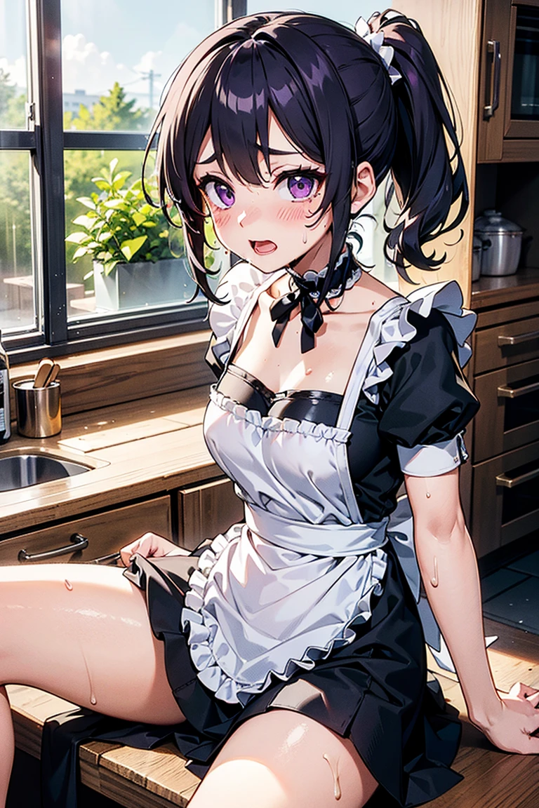 （Best quality)，（Detailed), (1 girl),Kizi，a cat tail，There are cat ears on the top of the head，white thighhighs, short detailed hair，brunette color hair，Medium breasts，the maid outfit，whiteskin