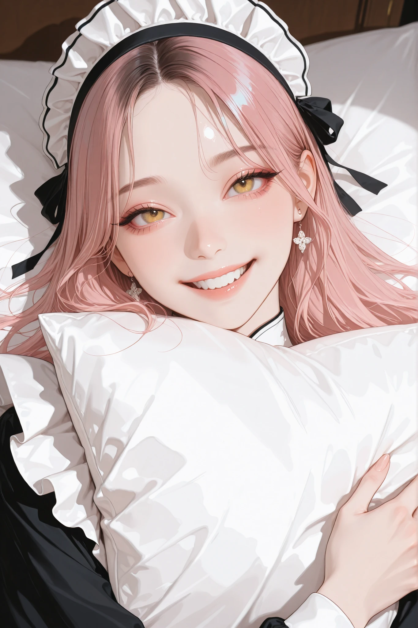 masterpiece,best quality,absurdres,highres,newest,
1girl,solo,korean idol,pink hair, yellow eyes, over hair eye,K-POP,beautiful,(aegyo sal), upper body, maid uniform, bed,
HDR,8K,high contrast,very aesthetic,high resolution,absurdres,newest,masterpiece,best quality,amazing quality, raised face, mouth open smiling, hugging pillow, pillow