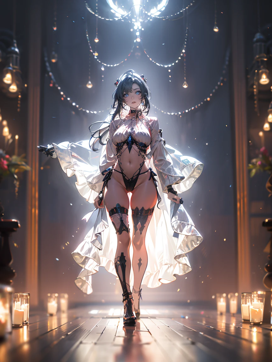 ((masterpiece, best quality)), Epic flower sea atmosphere,Delicate face,bride,seaside,Beach,whole body,Standing picture,glowing white eyes,Large Breasts,Perfect body proportions,Pure white background,firefly,Transparent sexy lingerie,High heel