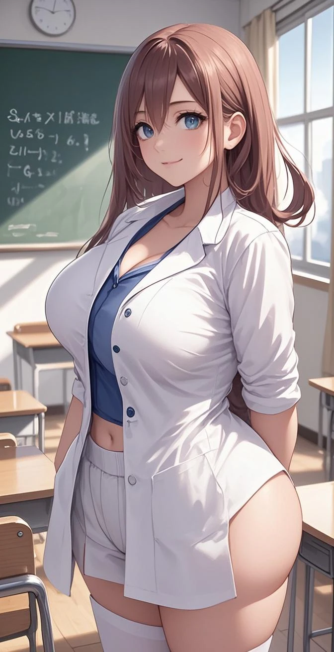 ((Tabletop, highest quality, High resolution, , Perfect Pixel, 4K,))), 1 female teacher, single, alone, beauty、The whole body is visible、 ((Mid-wave hair, bangs, Brown Hair)), ((Brown eyes, Beautiful eyelashes, Realistic eyes)), ((Detailed face, Blushing:1.2)), ((Smooth texture:0.75, Realistic texture:0.65, Realistic:1.1, Anime CG Style)), Medium Chest, Dynamic Angle, Perfect body, (( , , No bra female doctor in white coat、、, 、))、、Very embarrassing panic smile, 、、classroom、Sit on a chair、、、(pink floral lace panties)、Angle from below)、