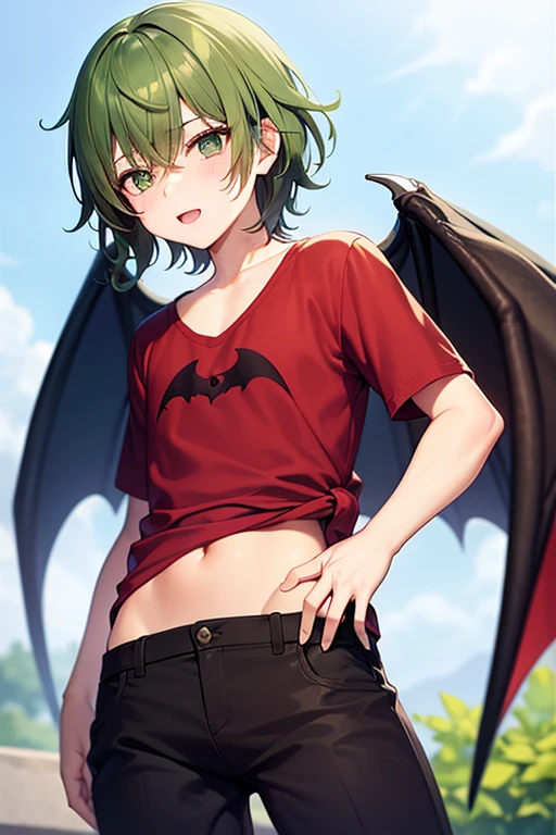 Cartoon perfect black haired boy,cheveux noir bouclée,yeux bleu et rouge,sourire,sourire sans dent, soir, corps entier ,boy has dragon wings ,boy has green and black dragon horn, ailes noir et vertes