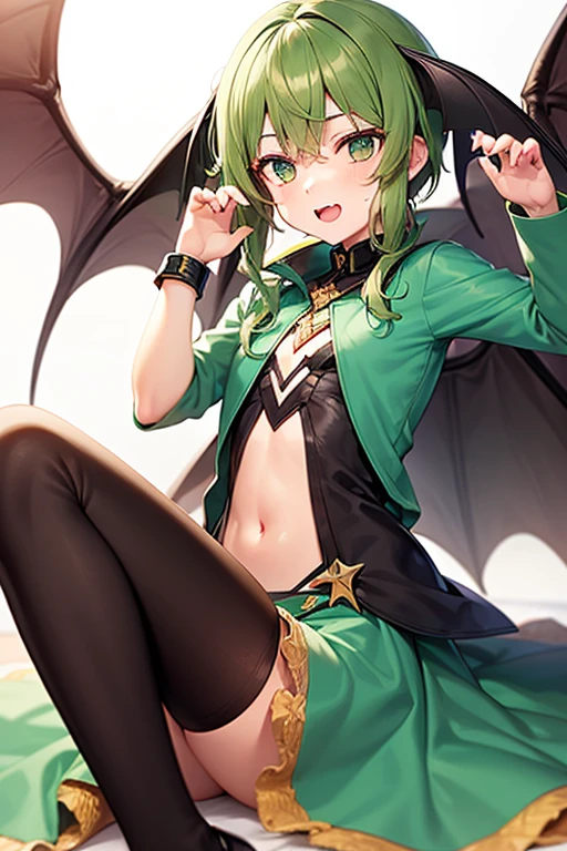 1girl, solo, looking at viewer, blush, short hair, open mouth, blue eyes, (extreamly low-rise tattered olive color microminiskirt with a super low rise that exposes the groin area:1.4 ), simple background, brown color bangs and light olive color back hair, brown long sleeves, white background, (olive color bat ears:1.2), hair between eyes, skimpy olive color school uniform, short sleeves, multicolored hair, wings, olive color serafuku, fang, olive color sailor collar, red neckerchief, hand on hip, bat wings, white fur collar, geta, bat wings,short over long sleeves,  crop top, navel, midriff, groin area, hip bone, (no panties:1.3), (pantyless:1.3), skirt is blown up by the wind, shaved pussy, dynamic angle, dynamic pose, cleavage,big breasts, nsfw,,glamor,voluptuous, olive color shirt, large boobs, underboobs, A skirt with a torn hem, tattered skirt