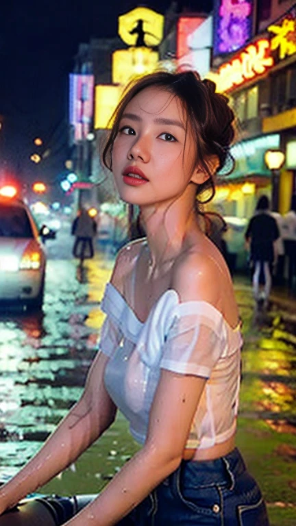 Korean girl, very beautiful, sexy, most beautiful face, big breasts, brave the rain, wet the whole street in the rain, see it in you, realistic.