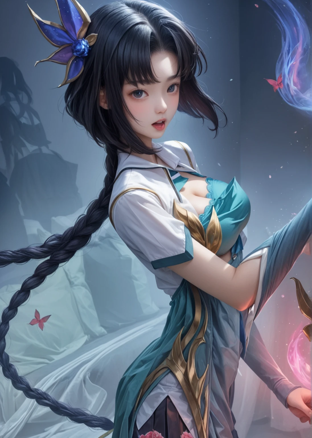 The image of a mink cicada in the Romance of the Three Kingdoms ,Raised sexy,long leges,show legs,gigantic cleavage breasts,Enchanted,dancing pose,Fan in hand,Enchanting,seduce,tmasterpiece,HighestQuali,Highest high resolution,beautifullegs,one-girl