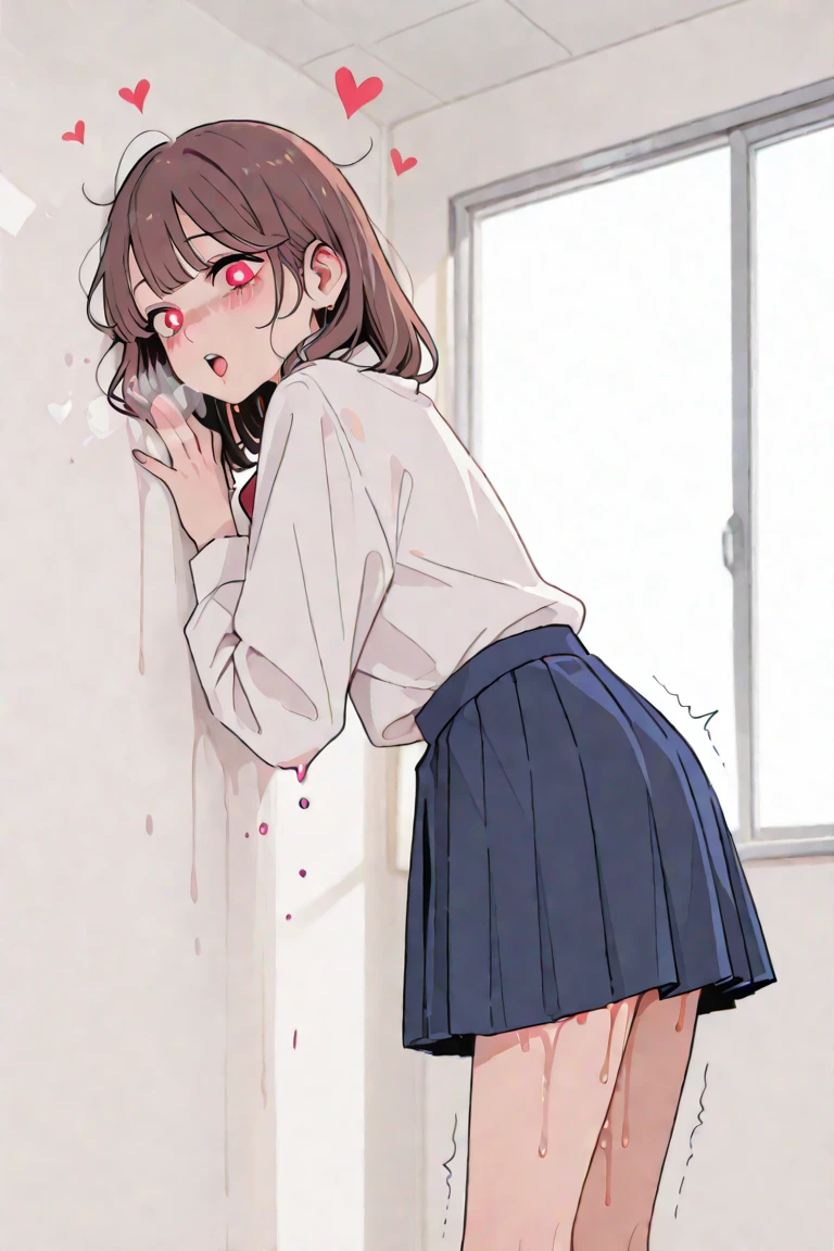 Appearance: {character} has long wavy brown hair, big expressive hazel eyes, and a heart-shaped face. She's of average height and build. One girl in a cute dress、One girl takes to the bathroom、Look away、Standing、embarrassed from、Blushing、Keep your mouth shut、a street(Girl is peeing:1.7)、Mini skirt