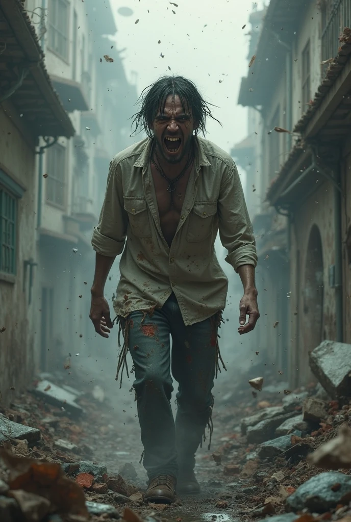 A bloody indian psychopath man murdering a women between the crowd of peoples with red light on his face in a big road 