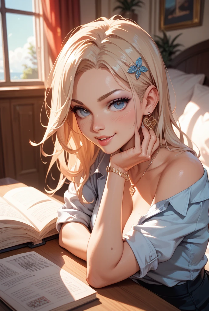 cheveux blonds, hair behind the ear, yeux violets, fille, adolescent, topless, plage, lying down, lecture, bikini, solitaire, award winning, Best quality, high resolucion