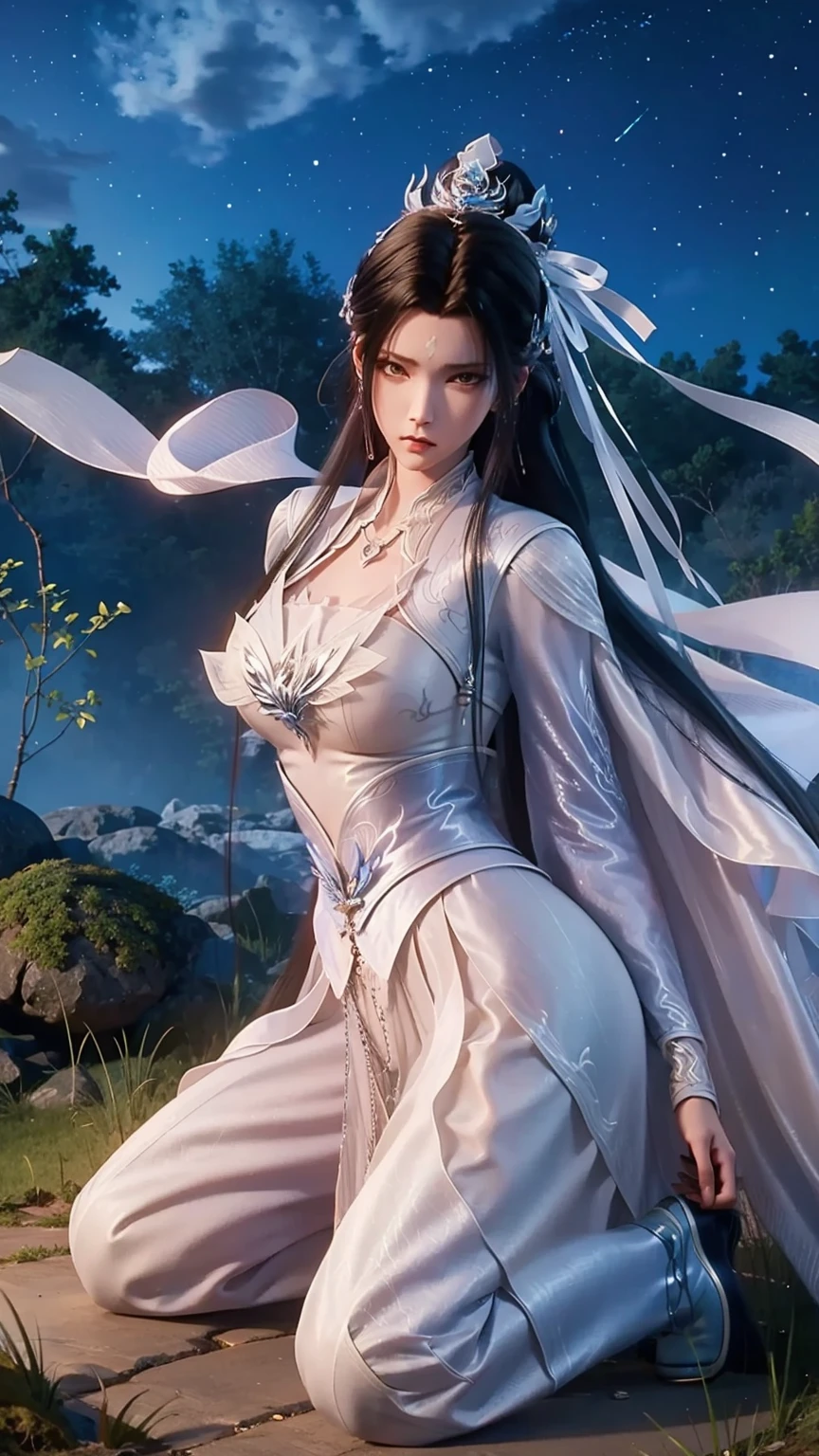 **Prompt:** Create an ultra-realistic 8K resolution image of Tsukuyomi, the Japanese moon god from Shinto mythology, reimagined as the ultimate magical girl while retaining the deity's iconic features. Tsukuyomi is depicted as a radiant magical girl with long, flowing silver hair that sparkles with a celestial glow. Her eyes are luminous, reflecting the light of the moon, and they hold a mysterious yet enchanting allure.
She is dressed in an elaborate magical girl outfit that blends traditional Japanese elements with modern magical girl aesthetics. The outfit features a flowing, moonlit silver dress with intricate designs resembling the phases of the moon, adorned with delicate ribbons and lace. Her waist is cinched with a silver belt that has a crescent moon buckle, and her sleeves are puffy, adding a touch of cuteness to her divine appearance.
Her accessories include a magical staff topped with a glowing crescent moon, which she wields gracefully. A tiara with a moonstone gem rests on her head, symbolizing her connection to the lunar deity. Her boots are knee-high, sleek, and silver, with crescent moon accents on the sides.
The background showcases a mystical night sky filled with stars and galaxies, with the full moon shining brightly above her. Sparkling dust and magical symbols float around her as she strikes a powerful yet elegant pose, ready to harness the moon’s magic to protect the world. The scene captures the essence of Tsukuyomi’s divine power transformed into an irresistible and majestic magical girl form.