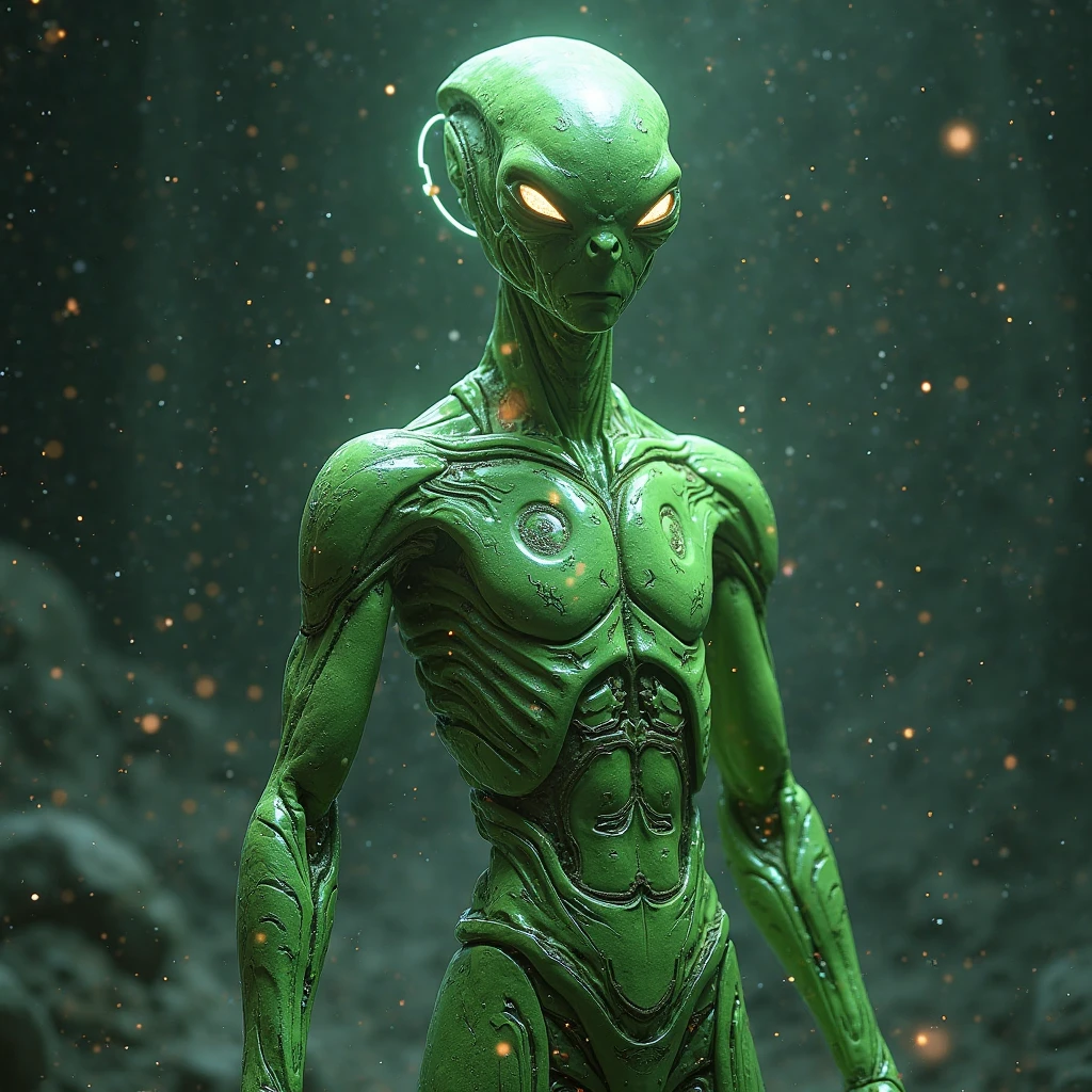 green giant with green eyes in space with a black hole behind with fire