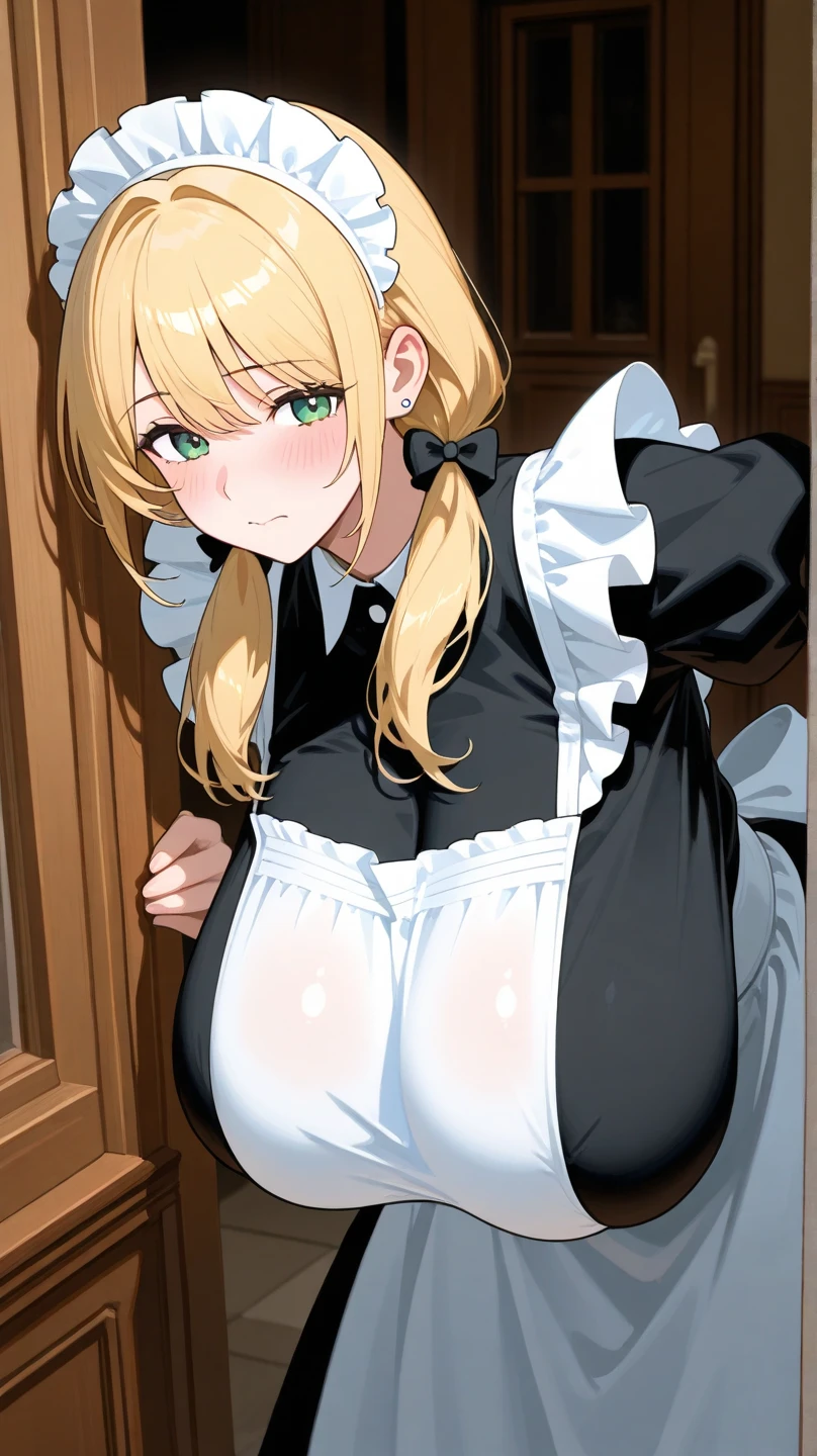 Anime, high resolution, artoria_pendragon_(Fate), Saber, ahoge, green eyes, bare nipples, small breast, (best quality), (wearing dirndl), from above, upper body, spoken question mark, oral invitation, looking at viewer, sit
