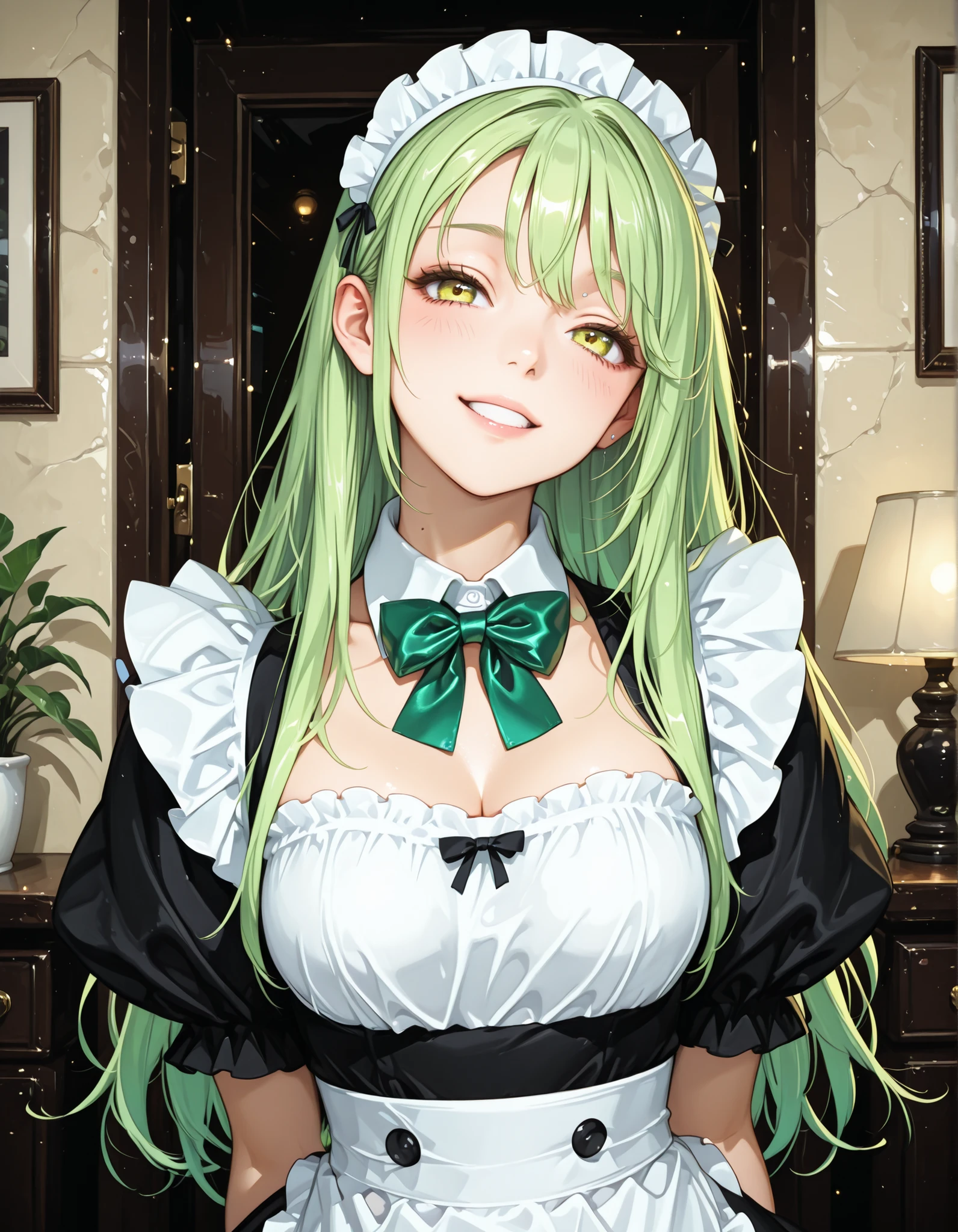 Gobo lighting, maid costume, Lime Green Hair, Lime green bow tie,looking at this,tilt your neck slightly and smile