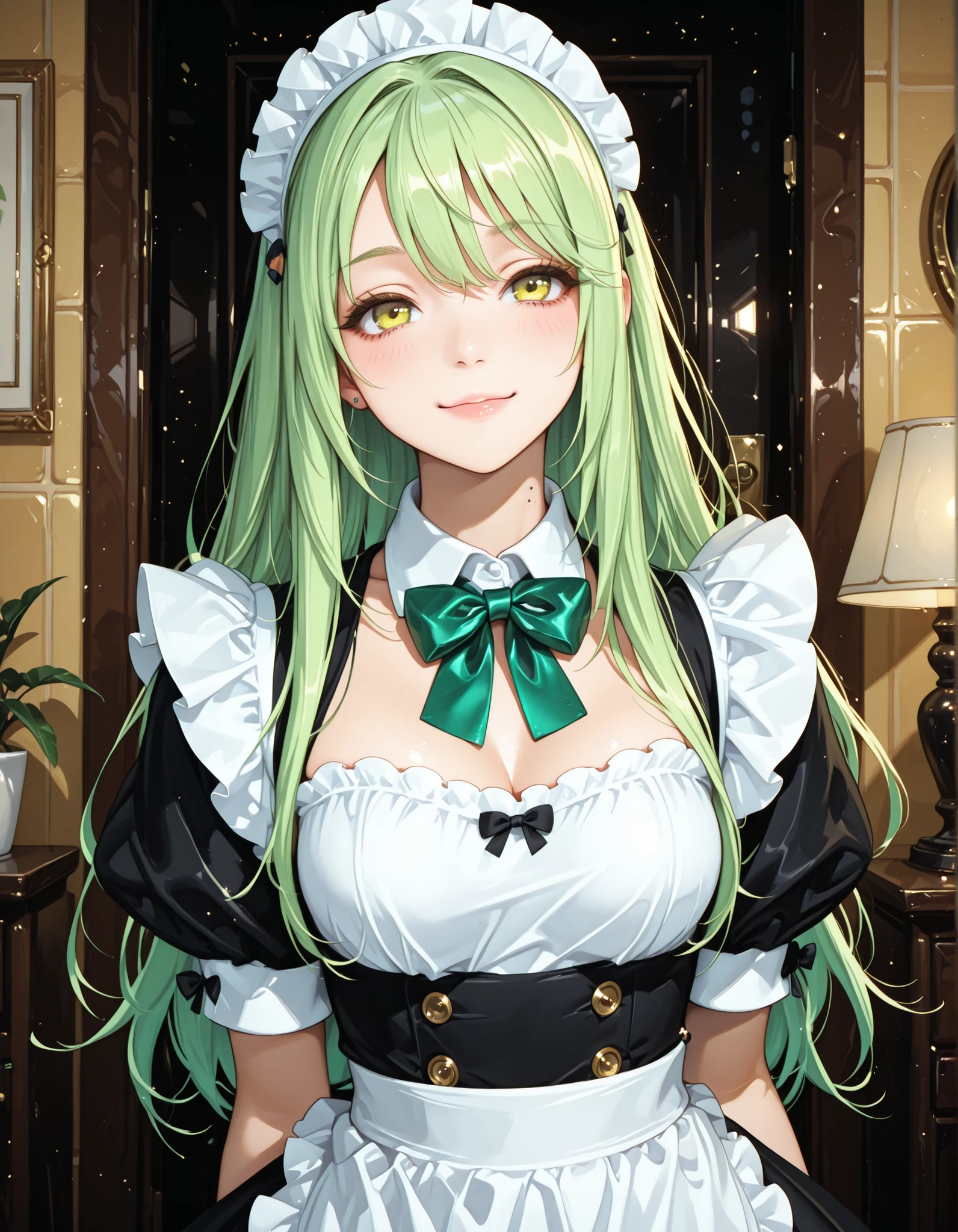 Gobo lighting, maid costume, Lime Green Hair, Lime green bow tie,looking at this,tilt your neck slightly and smile