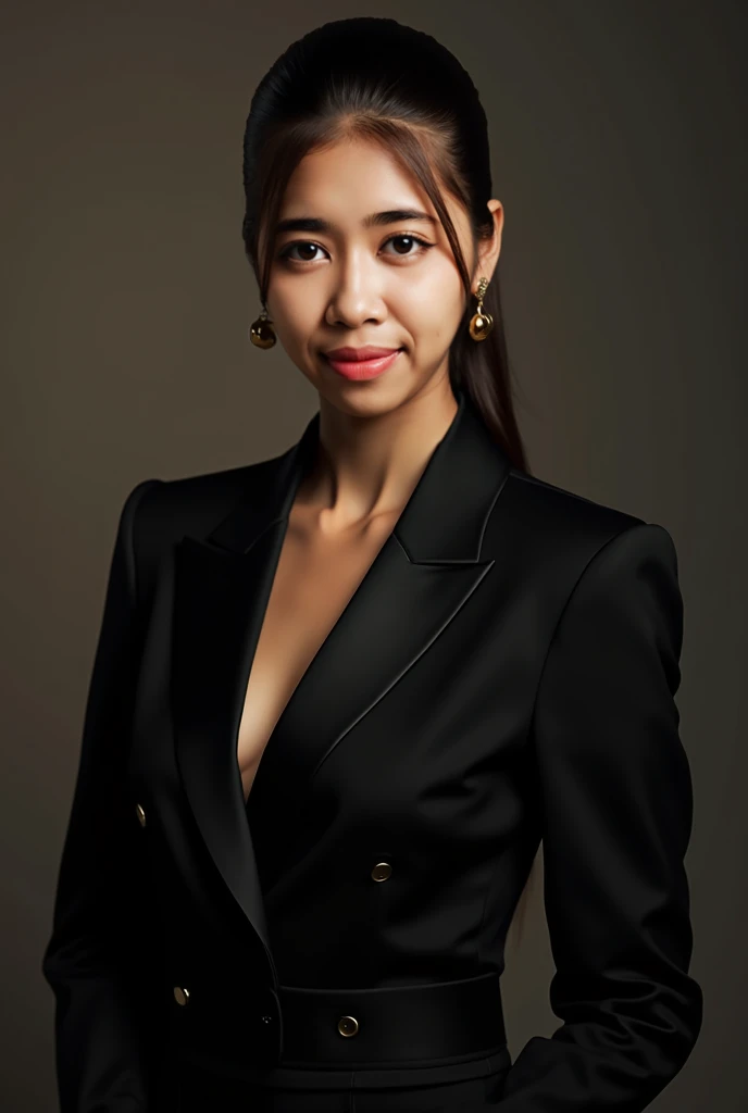 Create a realistic Brazilian female avatar for the store, reminiscent of Magalu's iconic "Lu", exuding a friendly and approachable attitude, with a warm smile, wearing an elegant black blazer and golden accessories, on a clean white background, Illustration, digital art with vibrant colors and soft lines, --air 1:1 --v 5