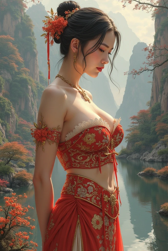 generate chinesse lady wearing traditional chinesse dress, she sit at traditional chinesse gazebo near river, showing her boob, showing her cleaveage, detail traditional chinesse building and ornaments, detail, 8k, beautifull decoration, detail, 8k, beautifull panorama, masterpiece, best quality:1.2),(8k,highres,RAW photo,realistic,photo-realistic:1.3),(detailed skin texture,detailed cloth texture,beautiful detailed face:1.25),professional lighting,photon mapping,beautiful soft light,radiosity,physically-based rendering,raytracing, model shoot style, model shoot style, (extremely detailed CG unity 8k wallpaper), full shot body photo of the most beautiful artwork in the world, (((nsfw))), (((nude))), (((naked))), (((nipples)))