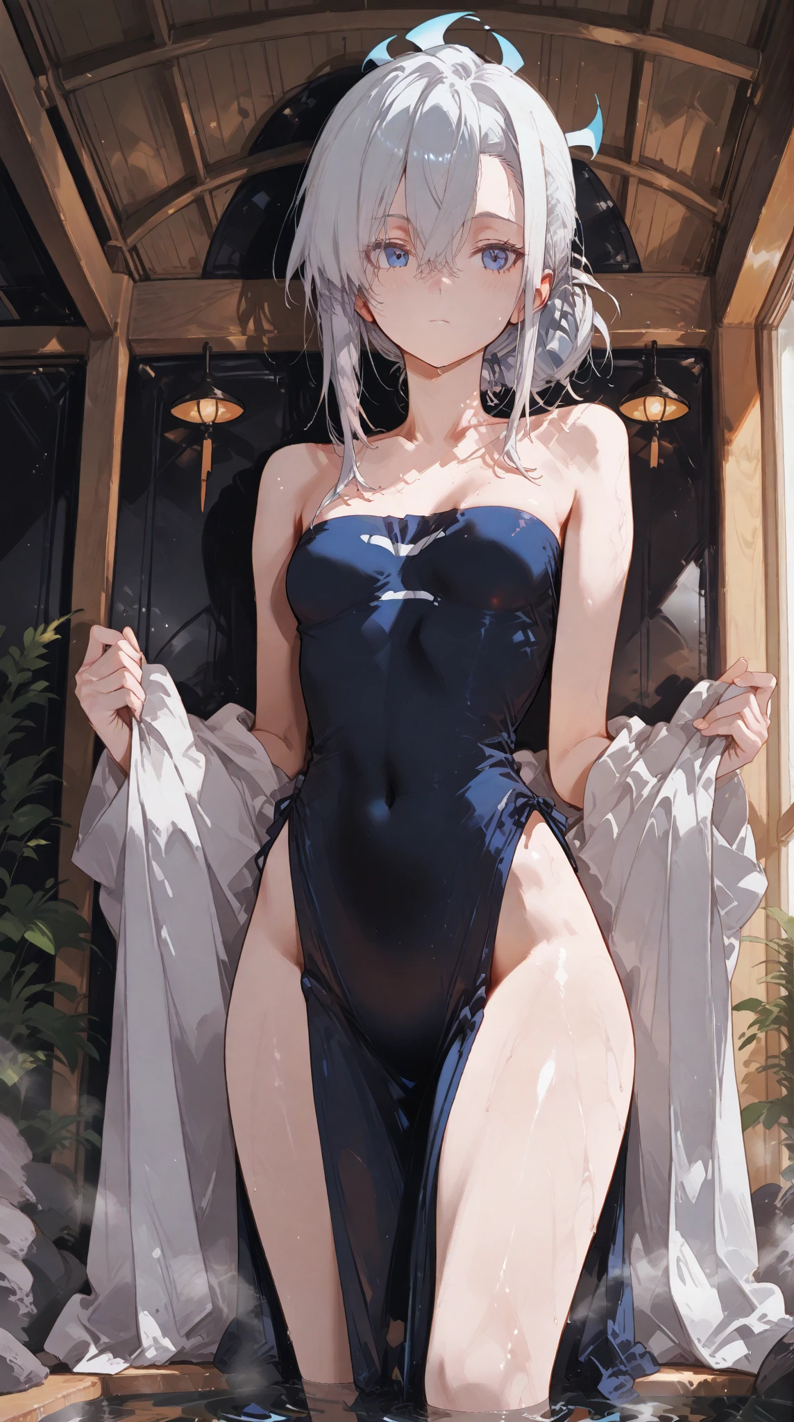 Random swimsuit appearance、Sexy swimsuit、NFSW、Random pose、Polka dot bikini、Polka dot bikini、Light silver hair、Semi-long hair、Random pose、Ocean、Sandy Beach、Blushing、Embarrassed expression、、Pale purple eyes、、Blushing、lipstick、Perfect hands、Detailed hands、Wet、