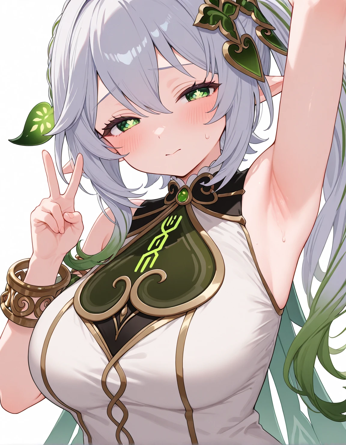 (masterpiece), Highest quality, Beautiful and detailed hair and face, Ultra-high resolution, Sharp focus, ((1 female, alone)), Perfect feminine face, Upper Body, High angle shot, Sit on the grass ((Beautiful almond-shaped eyes, Green Eyes)), (cocktail white dress:1.2), leaf, forest, Looking at the audience, smile, Chestnut Hair, Long flowing hair,Large Breasts