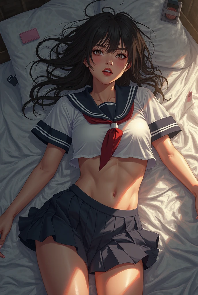 (1 girl), highy detailed girl, standing alone, ((highy detailed face)), Extremely detailed 8k unified CG wallpaper, highy detailed, RAW color photos, professional photograpy, realisitic, (mic , mic breasts, neckleace:0.8), (hchool uniform with Open chest:1.6, Open chest:1.5), (looking ahead at viewer, embarrased:1.6, Embarrassed expression:1.45, sleepy eyes:1.2, shy, upturned eyes, confusing), pleatedskirt, Room,(From  above, lying on her back, head on a pillow, spread your legs open, camel toe, whole body)