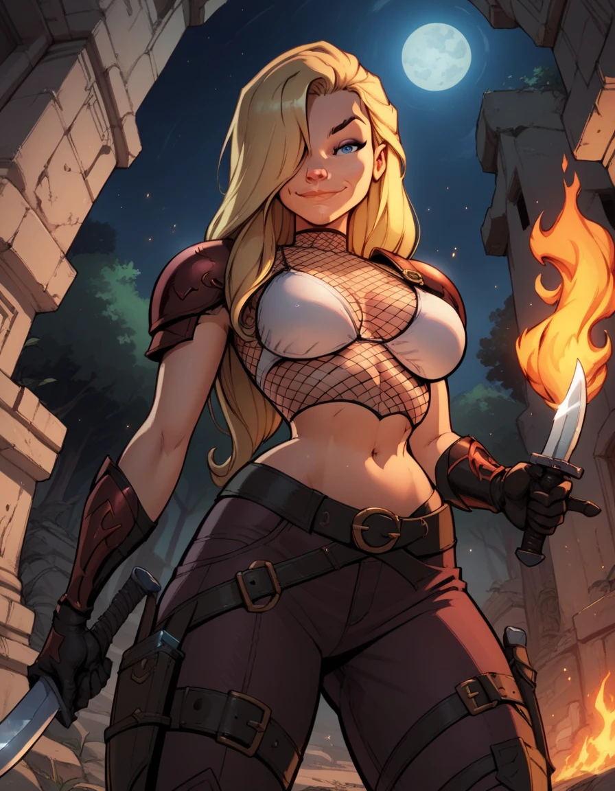 Goblin slayer high priestess, blonde, large breasts, anime, katana, white, curvy, hot, blindfolded, katana sword