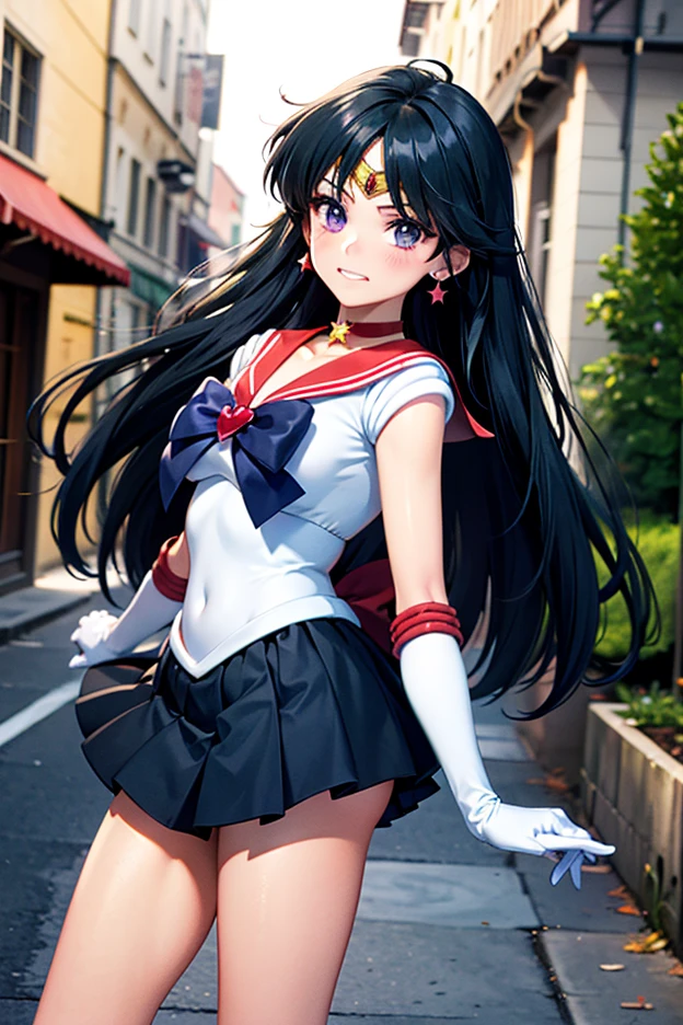 NSFW , (Highest quality:1.5, High resolution, 4K, Detailed lighting, Shaders),, tiara, Sailor Senshi Uniform, White gloves, Red Sailor Collar, Red Skirt, Star Necklace, Elbow hand pockets, Pleated skirt, Just Play, Purple ribbon, Denim photoshoot, Outdoor, Background blur (85mm lens), front facing camera, Gentle expression, wind blowing hair, fluffy hair, hair ((black)), inflammation