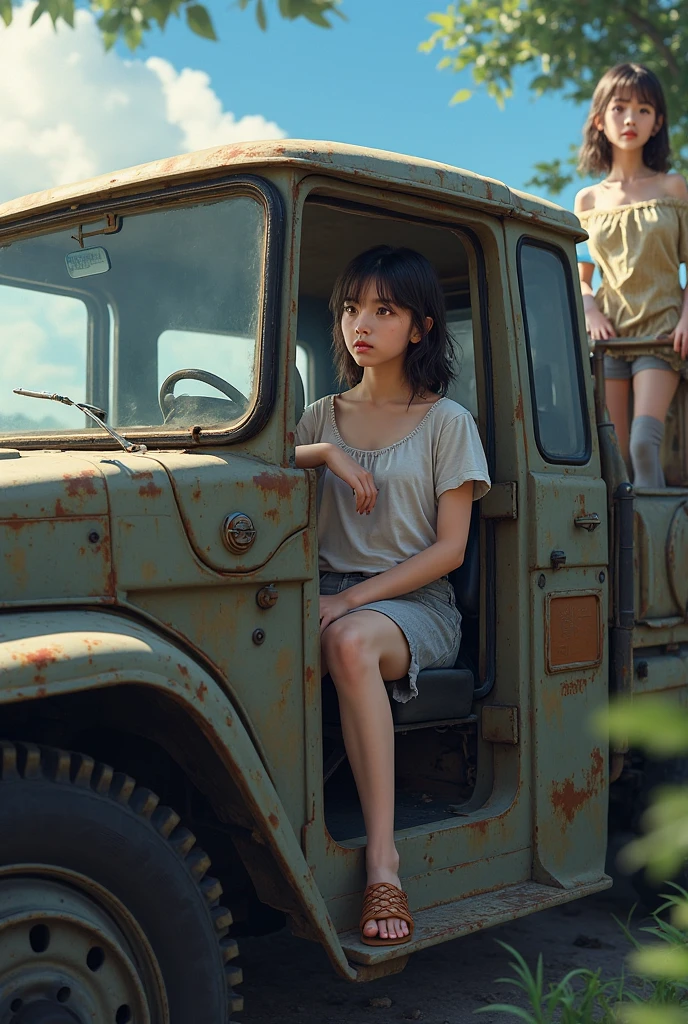 A Japanese woman driving an open-top military jeep through the wilderness, 2, ponytail, Cigarette in mouth, Olive drab tank top, 