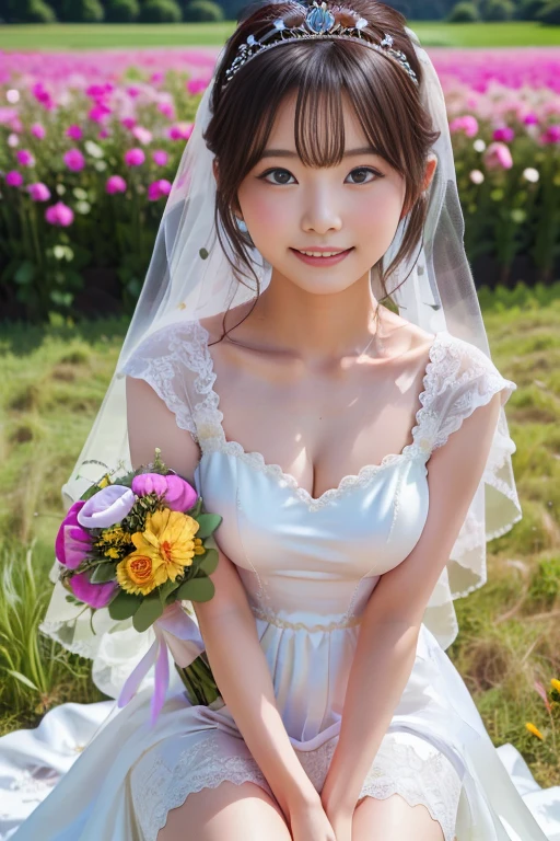 ((((Depth of field))),((((Sunset backlit),((Slim body)))),20 years old, twilight rays, lace wedding dress, flower crown, (((Rose tunnel))), rose front blur, bokeh, photorealistic, surrounded by colorful roses, ((smiling)))))), (mouth closed)))),(1 girl), ( Sunset:1.3), (8k, RAW photography, best quality, masterpiece:1.2), (realistic, photorealistic:1.37), best quality, ultra high definition,(standing in a flower garden:1.3), (vivid and colorful:1.3), pregnant woman, big cleavage,