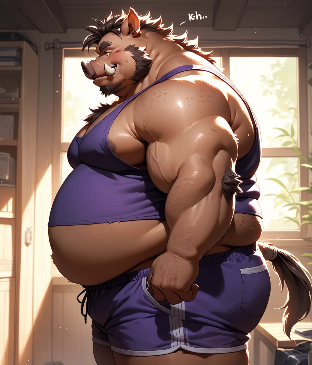 (sumo wrestler:1.1), boar, big pecs, huge belly, muscular arms, (details hand:1.1)in a bedroom, (wearing mawashi:1.1),eating food,holding his belly, extremely hot and sexy, dad figure, in a bed surrounded by a lot of food,weight gain, eating , laughing face, slobby, sweaty, steamy, by darkgem, por zixiong, by Glitter Trap Boy