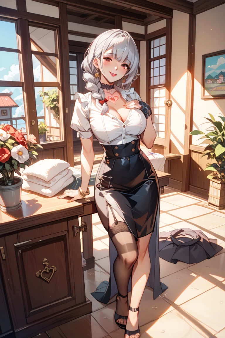 (from below:1.2),(from side:0.9), ((Face)), (Close-Up:0.4), ((looking at viewer, holding a bouquet)), highest quality、(real、photorealistic:1.4)、(RAW photo:1.2),highest quality，(masterpiece)，(((Whole body image)))，(a 18yo girl)， (Highly detailed face),Slightly round face, (Tan brown face:1.0), Boyish beauties, beautiful face, Beautiful lips，Baby Face，(Black gal:1.0),（Big eyes),((black,hair,long pony tail hair)),thin pubic hair,cute,lovely,(strong silver hair:1.2),(blunt bangs),(Brown skin:1.0),(Military uniform, bulletproof jacket),nice companion,delicate body、thin legs,beautiful black dress,black gloves, black thighhighs, white panties,(double breasted,under bust:1.2),(Knife in one hand:1.3)，in the forest，In the jungle，Woman in survival mode，Sexy thighs，Heat，Sweat heavily，Tropical forests，During a break，sit cross-legged on the ground,The way the light shines is beautiful, Beautiful buttocks,(with sparkling eyes and a contagious smile),little open mouth, 