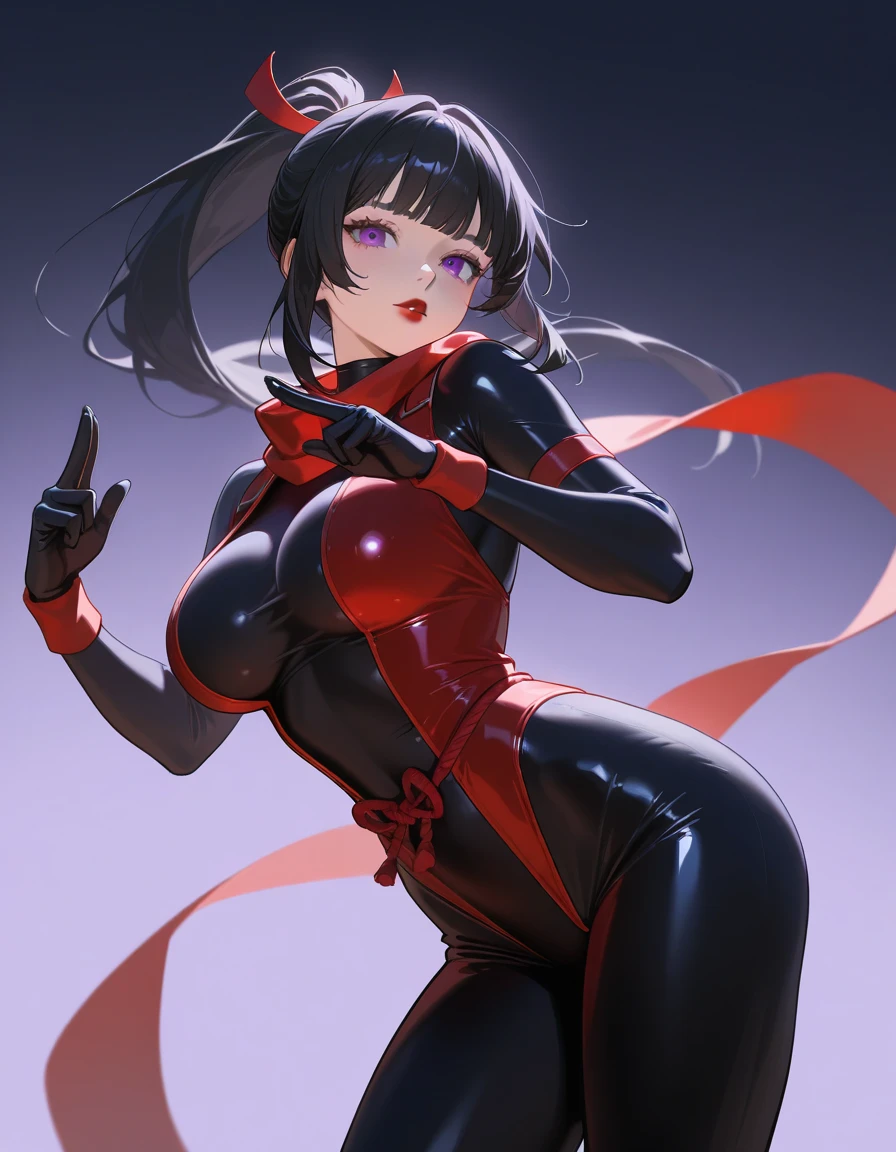 Wearing a tight leather bunny suit with big breasts and sweat blushed looking at the viewergret eyes black hair on a ponytail