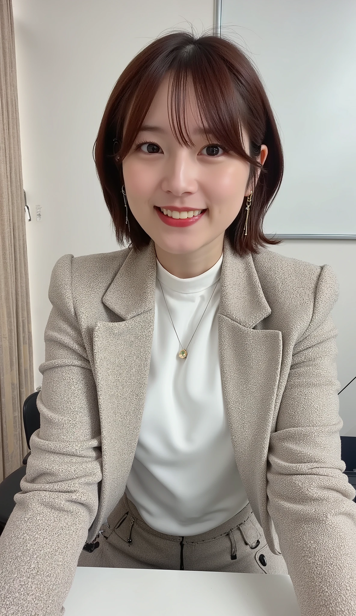Neat Young Woman、and look at the camera、office lady suit、jacket、shirt、necklace、ear piercing、黒髪、、smile showing teeth、背景はオフィス